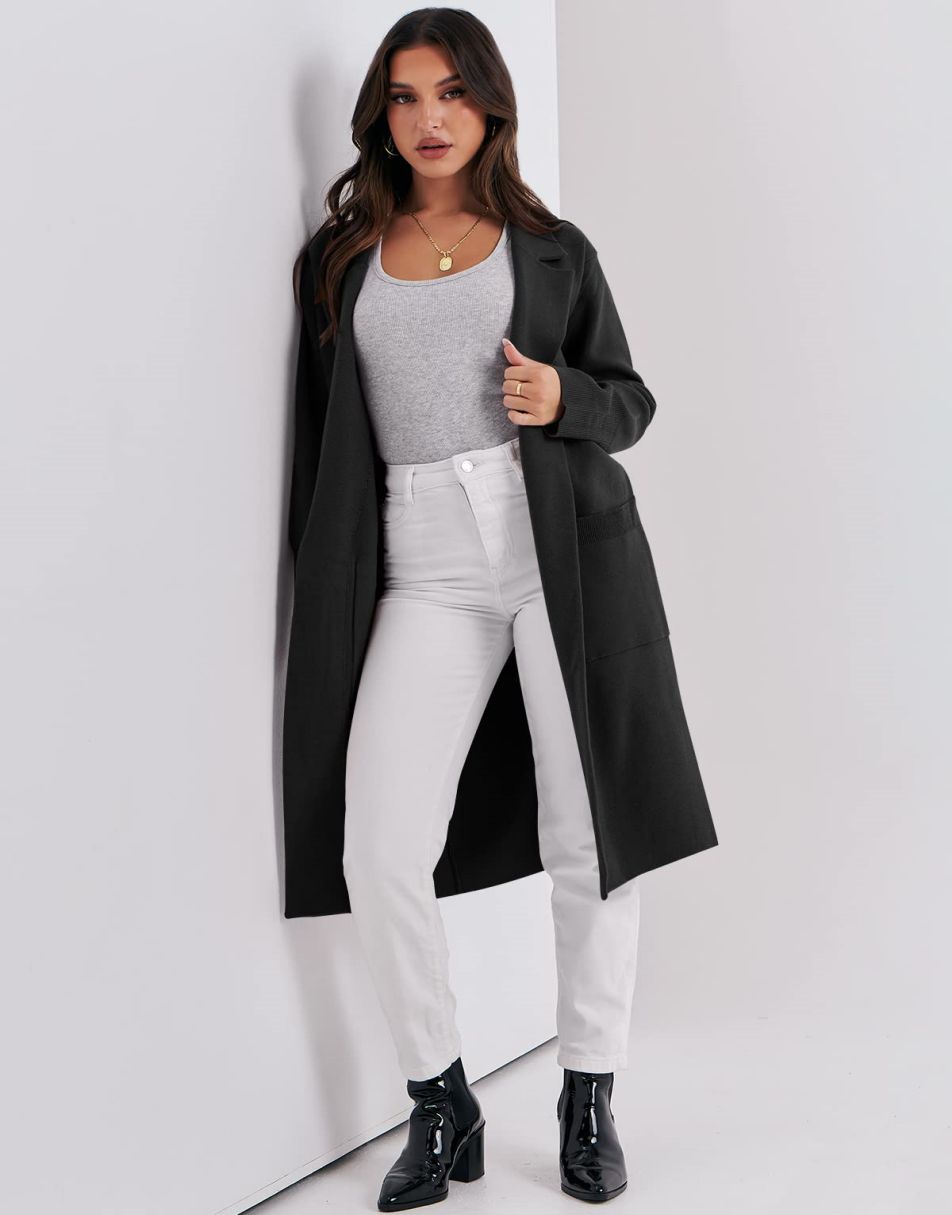 ANRABESS Cardigan für Damen Oversized Offener Pullover Mantel Langarm Revers Blazer Jacke Herbst Oberbekleidung Coatigan