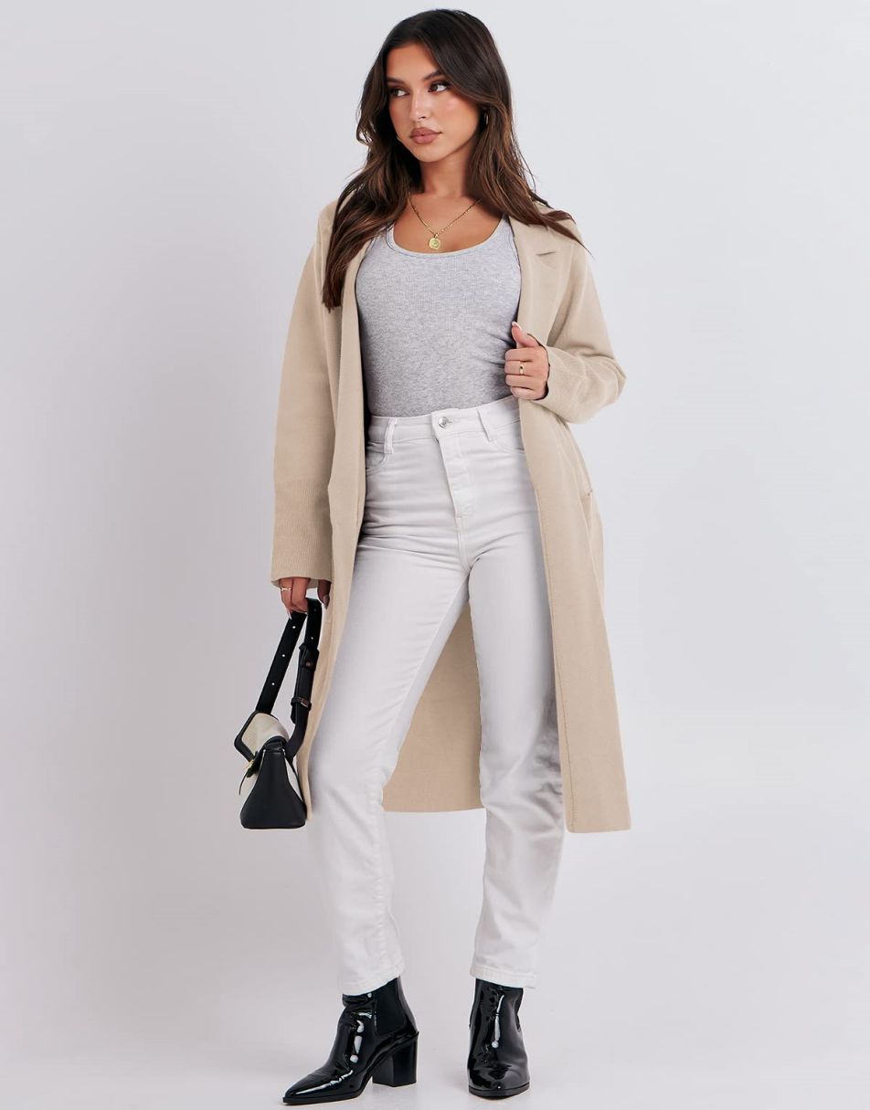 ANRABESS Cardigan für Damen Oversized Offener Pullover Mantel Langarm Revers Blazer Jacke Herbst Oberbekleidung Coatigan
