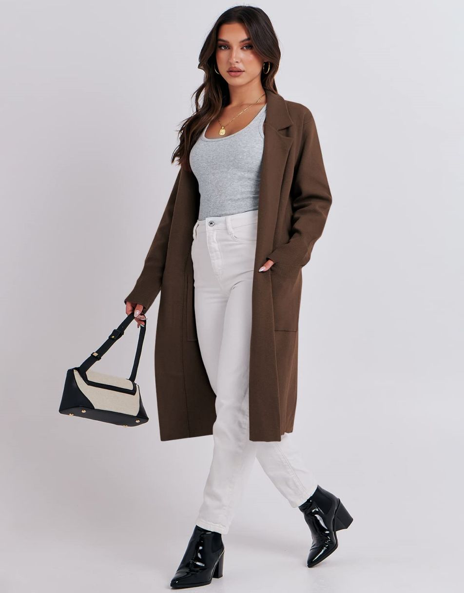 ANRABESS Cardigan für Damen Oversized Offener Pullover Mantel Langarm Revers Blazer Jacke Herbst Oberbekleidung Coatigan