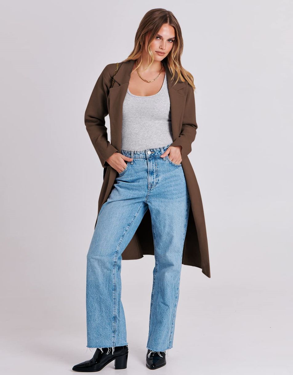 ANRABESS Cardigan für Damen Oversized Offener Pullover Mantel Langarm Revers Blazer Jacke Herbst Oberbekleidung Coatigan