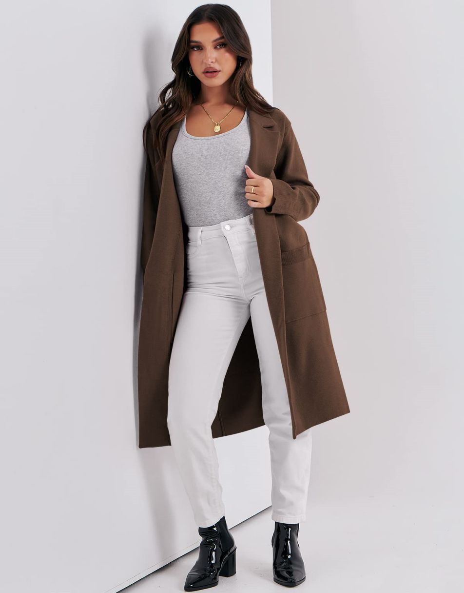 ANRABESS Cardigan für Damen Oversized Offener Pullover Mantel Langarm Revers Blazer Jacke Herbst Oberbekleidung Coatigan