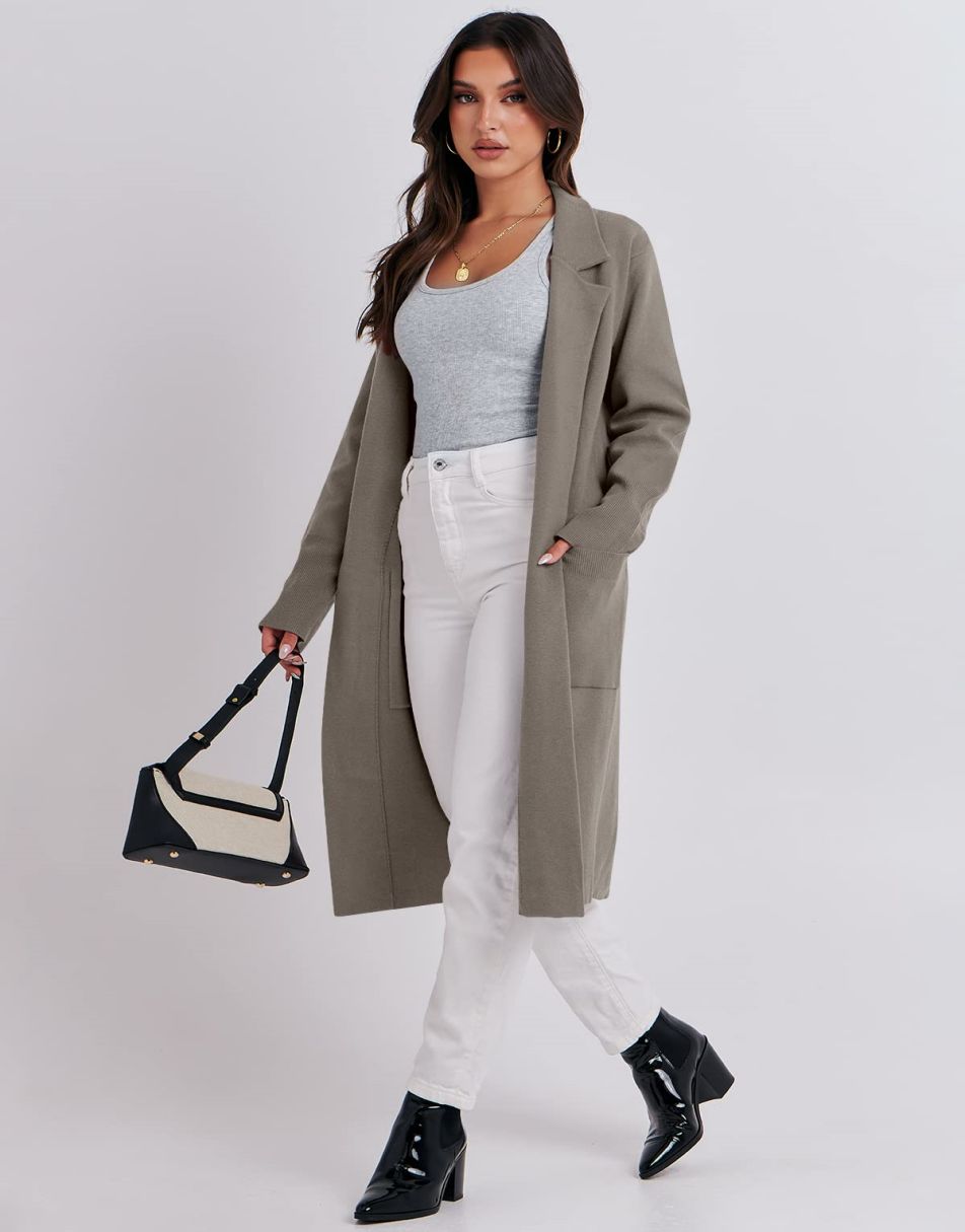 ANRABESS Cardigan für Damen Oversized Offener Pullover Mantel Langarm Revers Blazer Jacke Herbst Oberbekleidung Coatigan