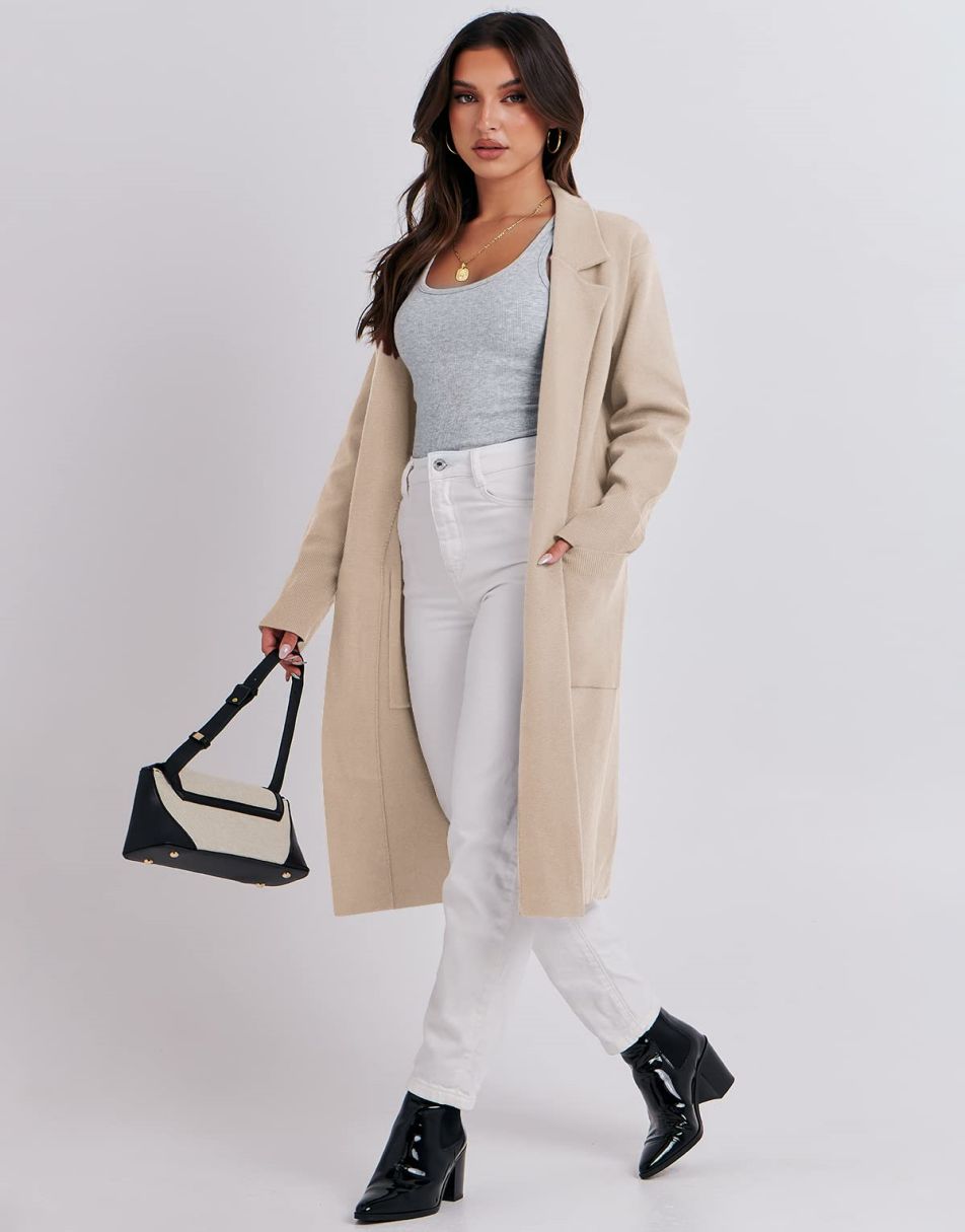 ANRABESS Cardigan für Damen Oversized Offener Pullover Mantel Langarm Revers Blazer Jacke Herbst Oberbekleidung Coatigan