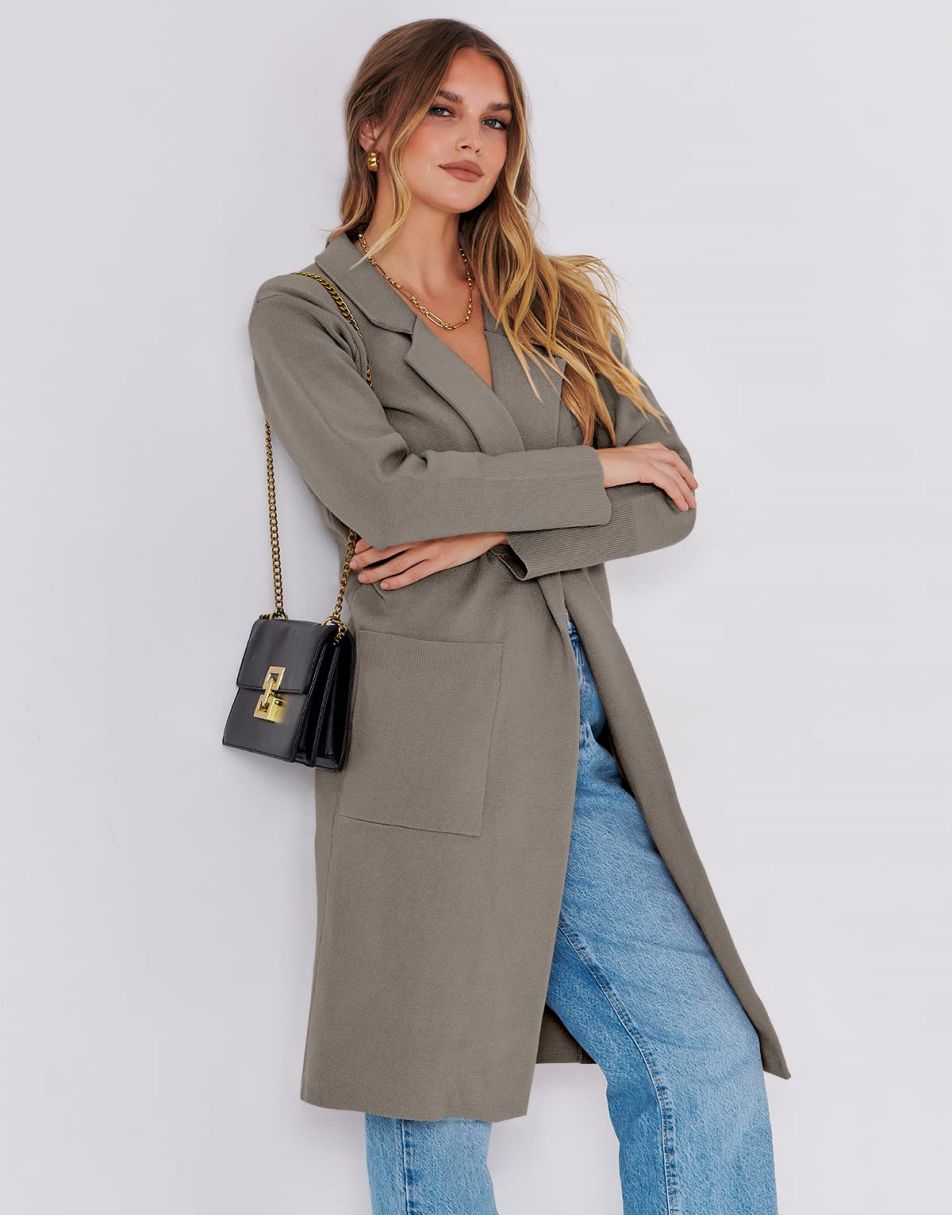ANRABESS Cardigan für Damen Oversized Offener Pullover Mantel Langarm Revers Blazer Jacke Herbst Oberbekleidung Coatigan