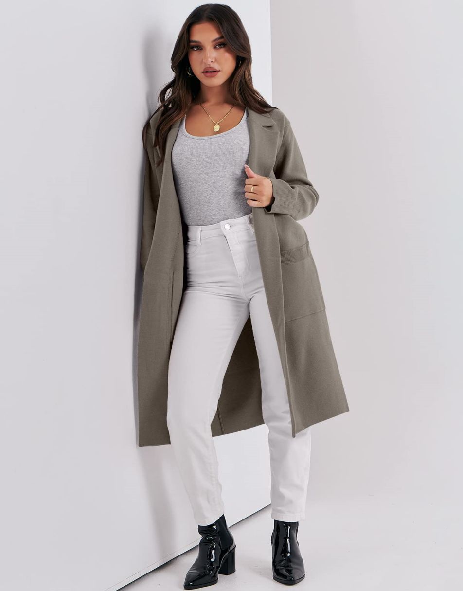 ANRABESS Cardigan für Damen Oversized Offener Pullover Mantel Langarm Revers Blazer Jacke Herbst Oberbekleidung Coatigan