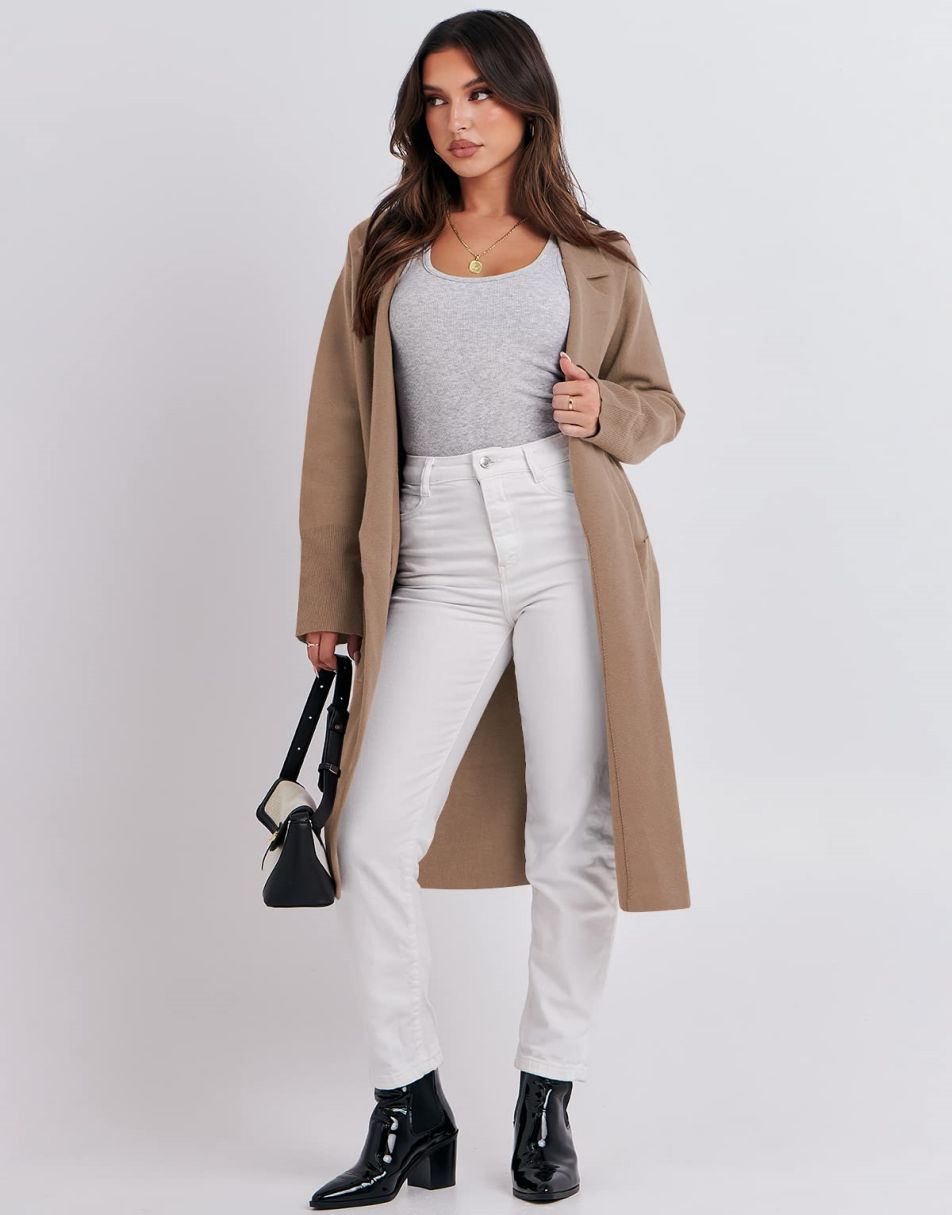 ANRABESS Cardigan für Damen Oversized Offener Pullover Mantel Langarm Revers Blazer Jacke Herbst Oberbekleidung Coatigan