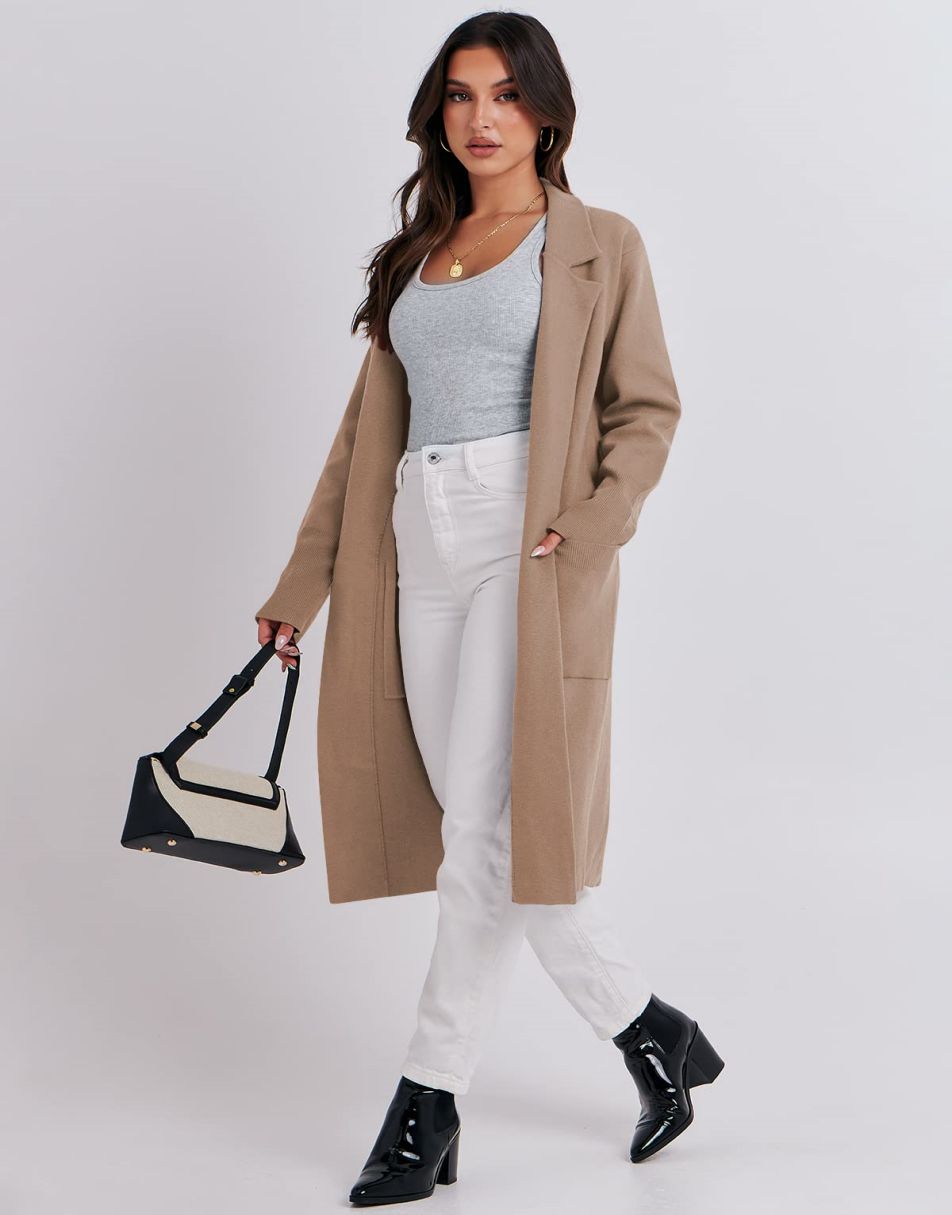 ANRABESS Cardigan für Damen Oversized Offener Pullover Mantel Langarm Revers Blazer Jacke Herbst Oberbekleidung Coatigan