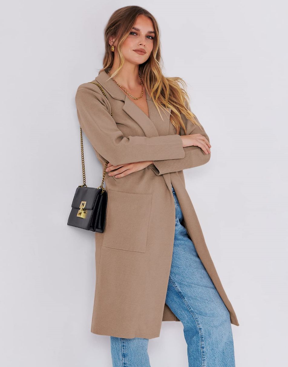ANRABESS Cardigan für Damen Oversized Offener Pullover Mantel Langarm Revers Blazer Jacke Herbst Oberbekleidung Coatigan