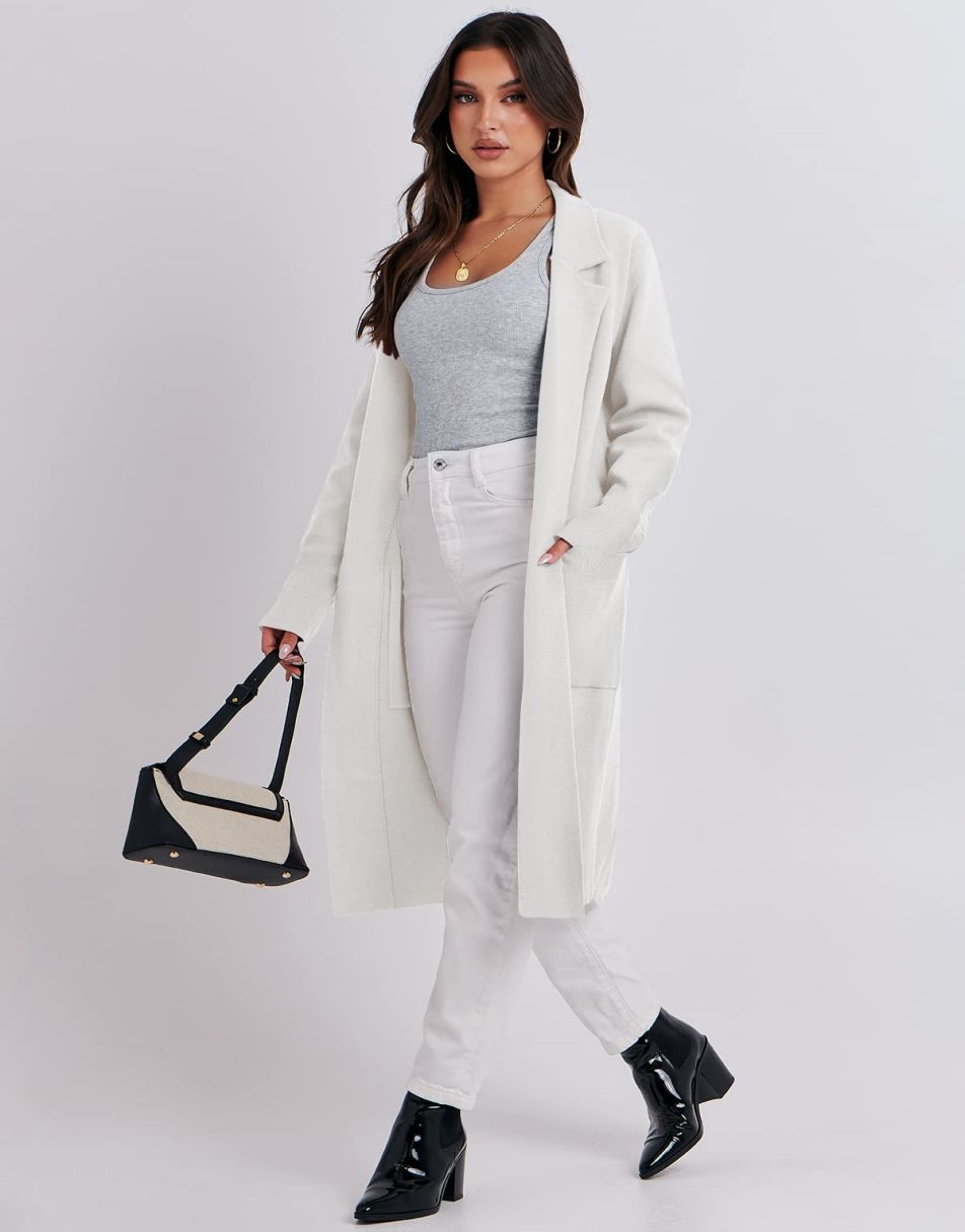 ANRABESS Cardigan für Damen Oversized Offener Pullover Mantel Langarm Revers Blazer Jacke Herbst Oberbekleidung Coatigan