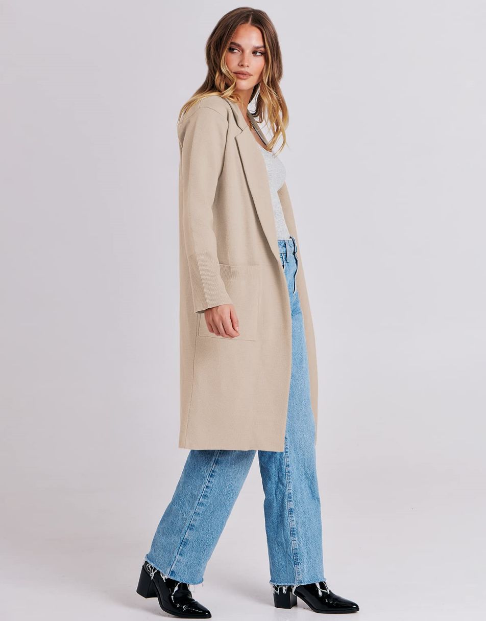 ANRABESS Cardigan für Damen Oversized Offener Pullover Mantel Langarm Revers Blazer Jacke Herbst Oberbekleidung Coatigan