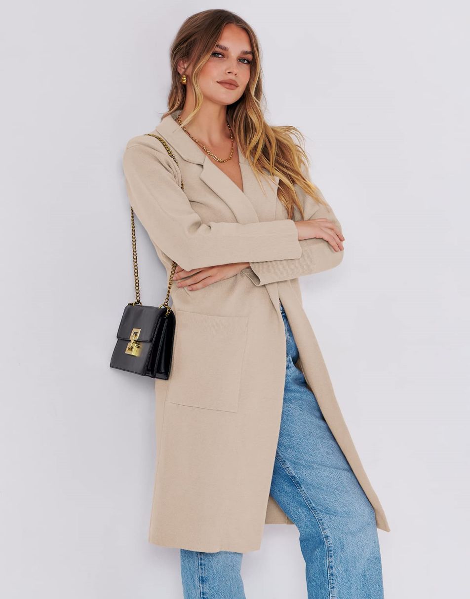 ANRABESS Cardigan für Damen Oversized Offener Pullover Mantel Langarm Revers Blazer Jacke Herbst Oberbekleidung Coatigan