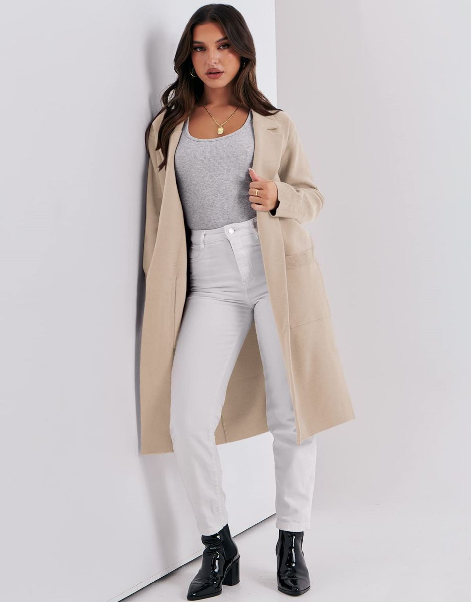 ANRABESS Cardigan für Damen Oversized Offener Pullover Mantel Langarm Revers Blazer Jacke Herbst Oberbekleidung Coatigan