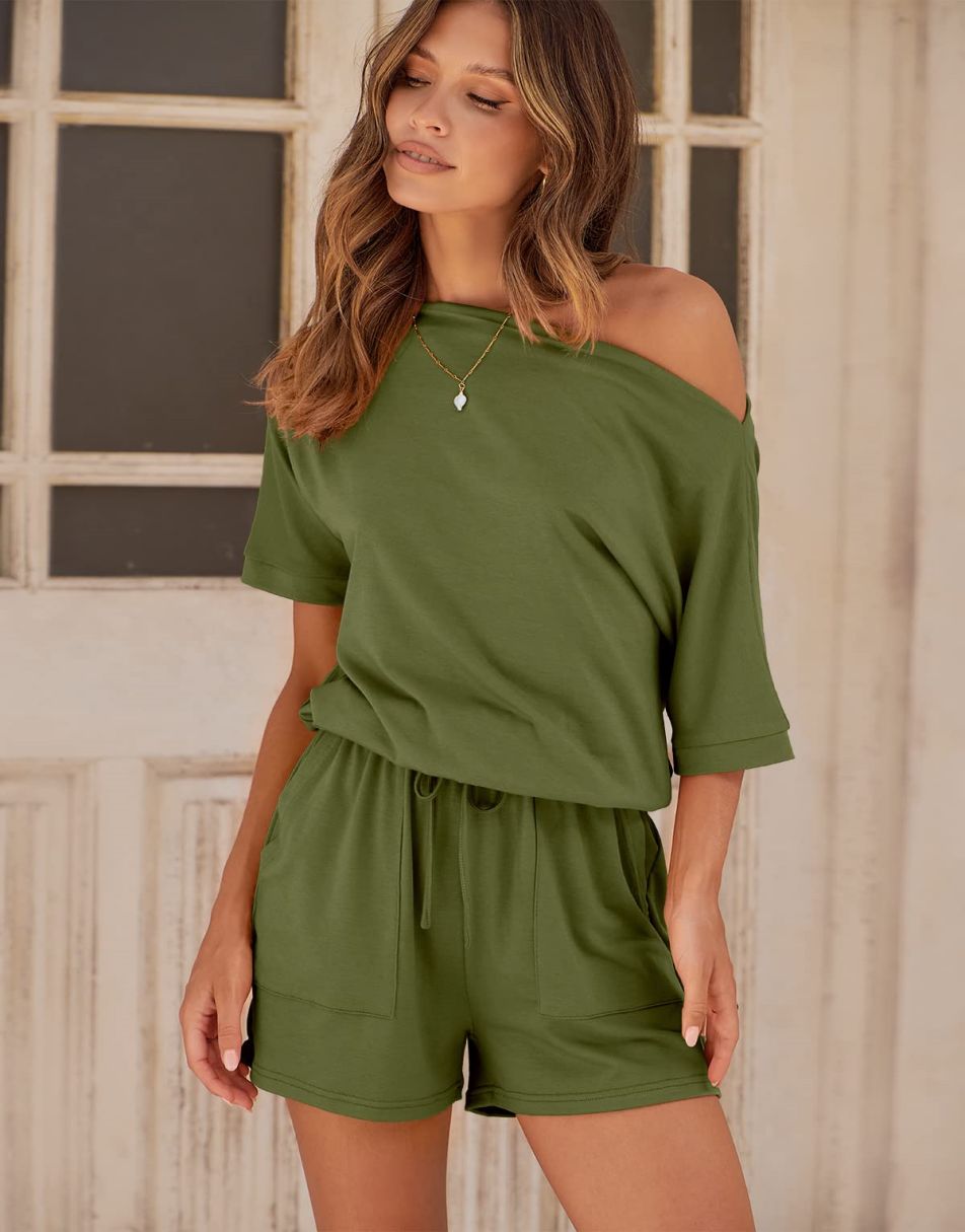 ANRABESS Kurzarm-Jumpsuit mit Streifen, Taschen, kurzer Hose, Schlafanzug, Loungewear