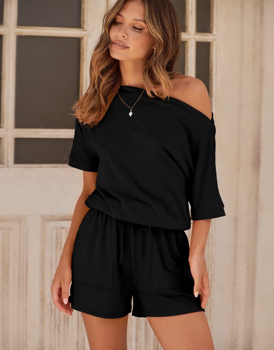 ANRABESS Kurzarm-Jumpsuit mit Streifen, Taschen, kurzer Hose, Schlafanzug, Loungewear