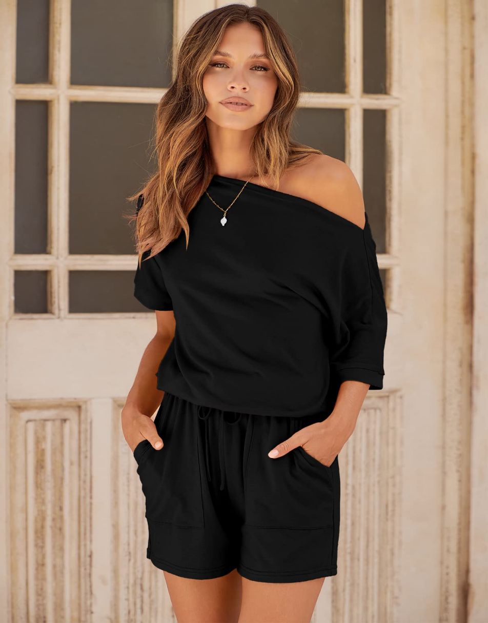 ANRABESS Kurzarm-Jumpsuit mit Streifen, Taschen, kurzer Hose, Schlafanzug, Loungewear