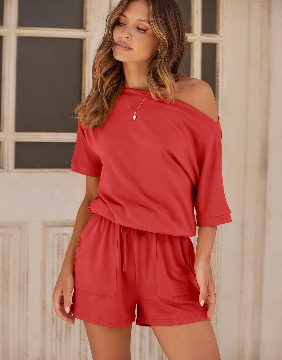 ANRABESS Kurzarm-Jumpsuit mit Streifen, Taschen, kurzer Hose, Schlafanzug, Loungewear