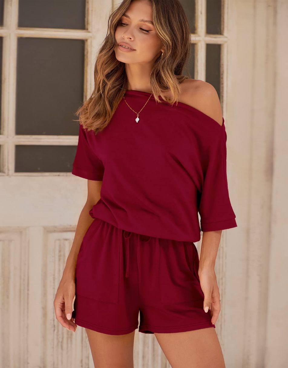 ANRABESS Kurzarm-Jumpsuit mit Streifen, Taschen, kurzer Hose, Schlafanzug, Loungewear
