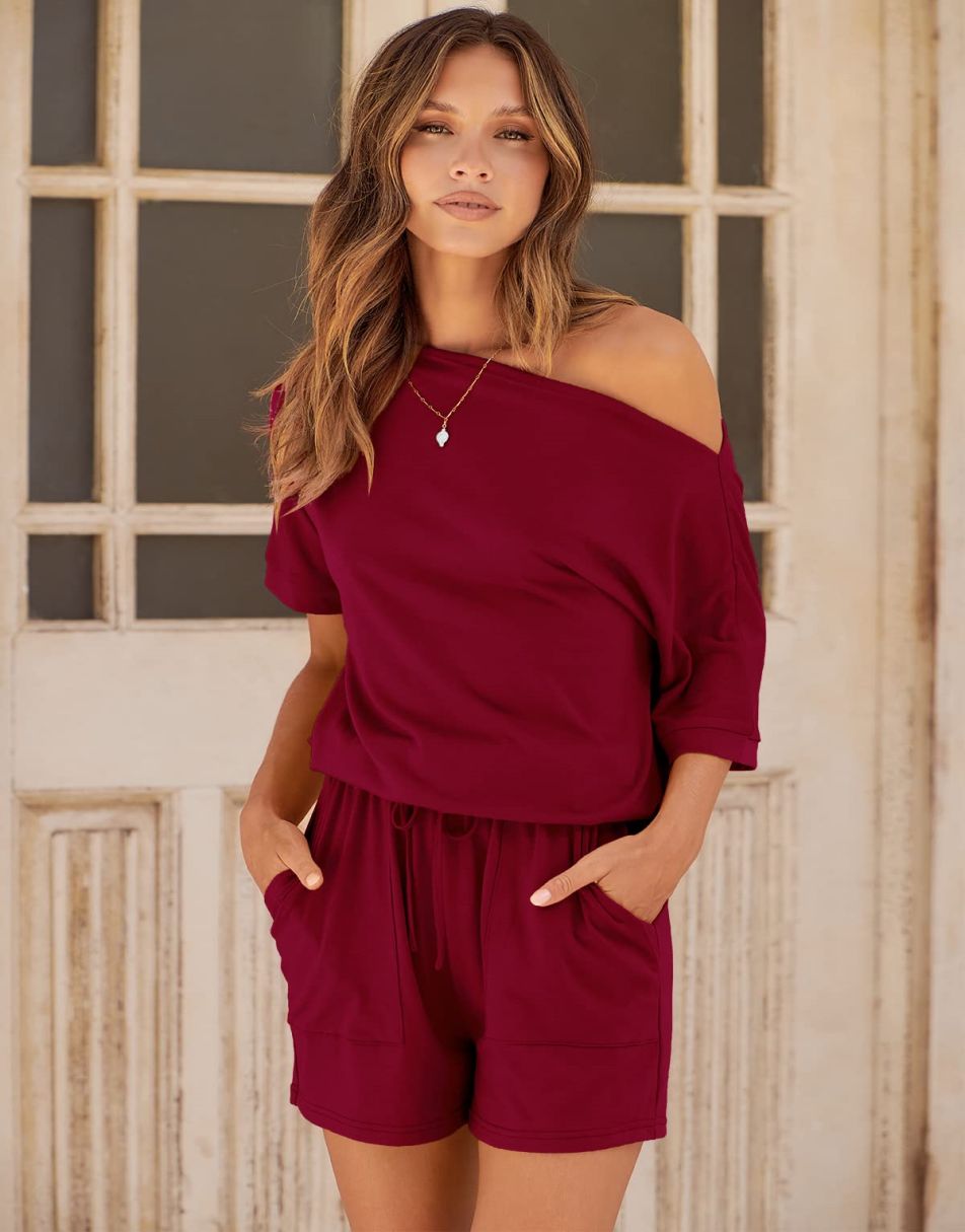 ANRABESS Kurzarm-Jumpsuit mit Streifen, Taschen, kurzer Hose, Schlafanzug, Loungewear