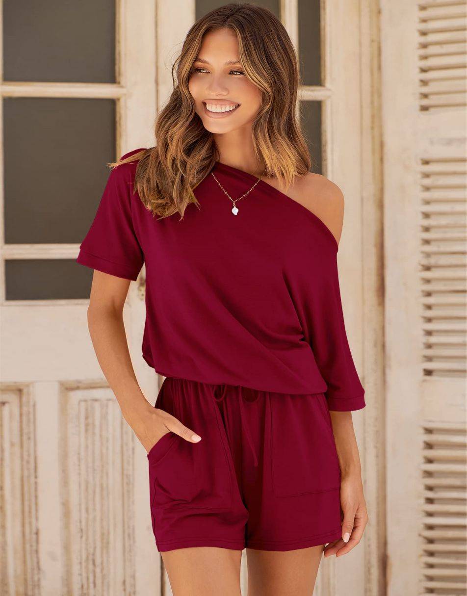 ANRABESS Kurzarm-Jumpsuit mit Streifen, Taschen, kurzer Hose, Schlafanzug, Loungewear