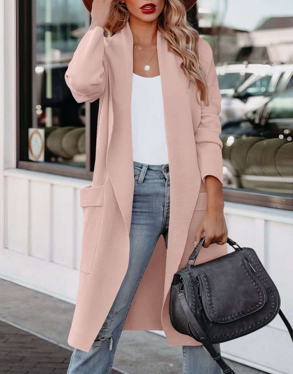 ANRABESS Damen Freizeit Langarm Drapierter Offener Strick Cardigan Jacken Pullover mit Taschen
