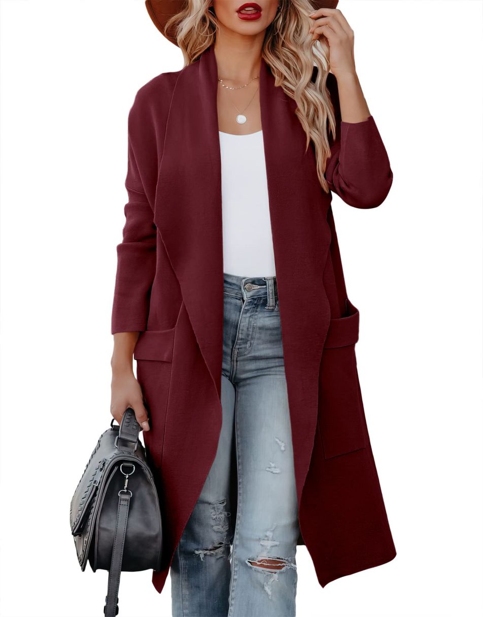 ANRABESS Damen Freizeit Langarm Drapierter Offener Strick Cardigan Jacken Pullover mit Taschen