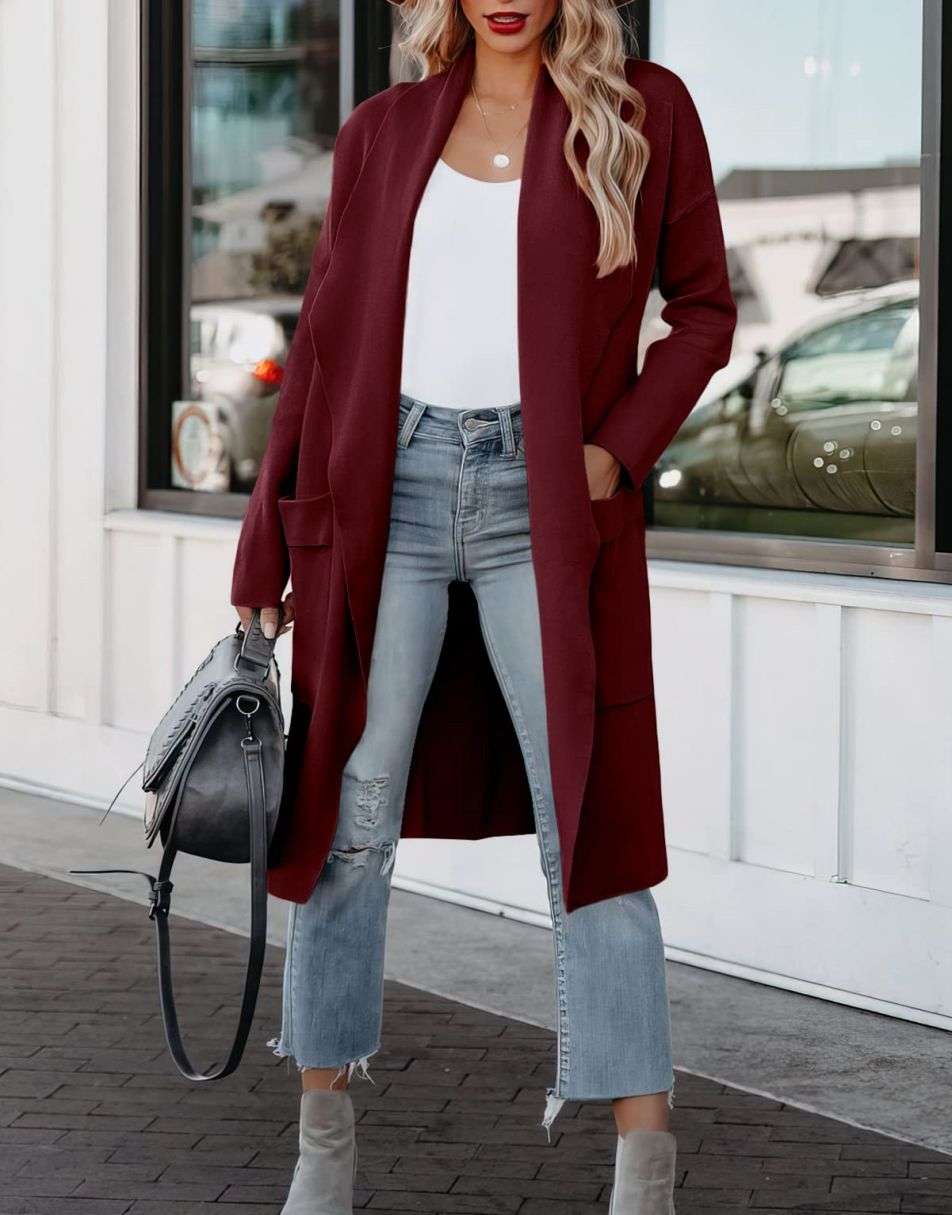 ANRABESS Damen Freizeit Langarm Drapierter Offener Strick Cardigan Jacken Pullover mit Taschen