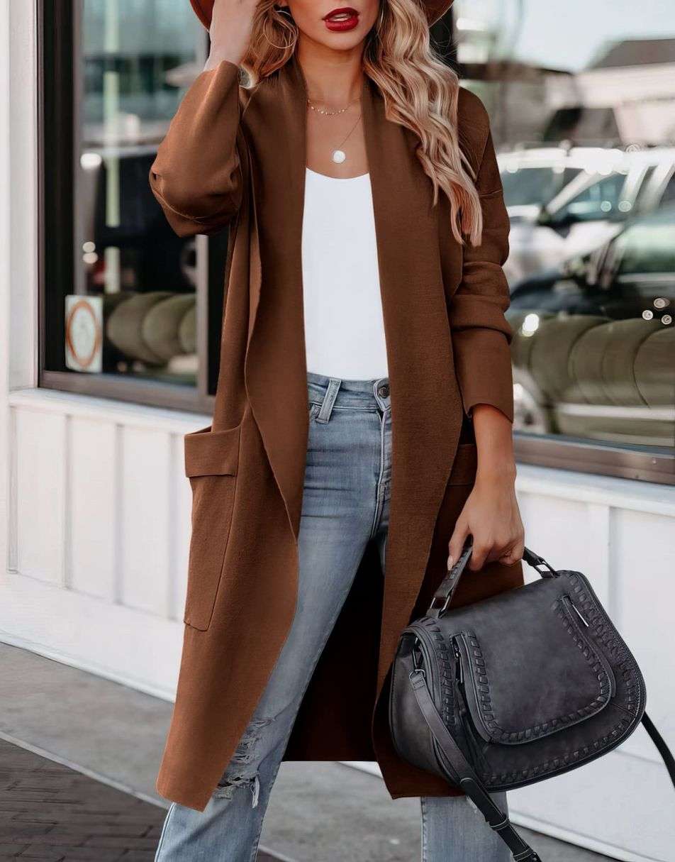 ANRABESS Damen Freizeit Langarm Drapierter Offener Strick Cardigan Jacken Pullover mit Taschen