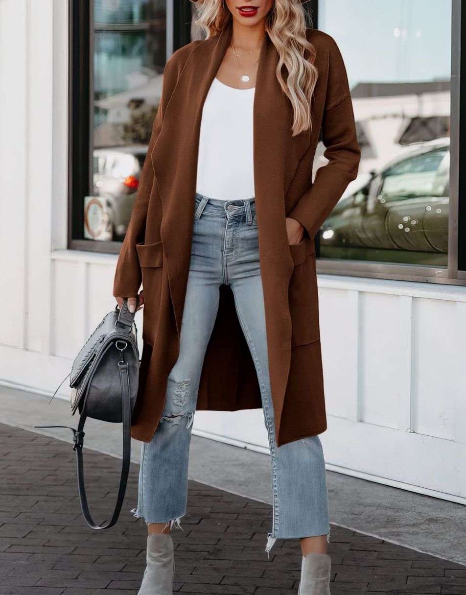 ANRABESS Damen Freizeit Langarm Drapierter Offener Strick Cardigan Jacken Pullover mit Taschen