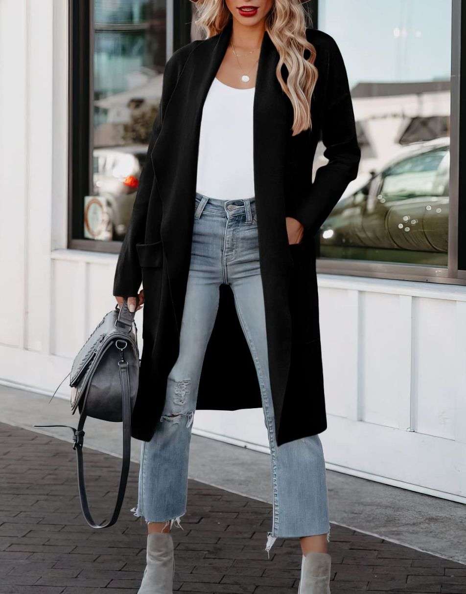 ANRABESS Damen Freizeit Langarm Drapierter Offener Strick Cardigan Jacken Pullover mit Taschen