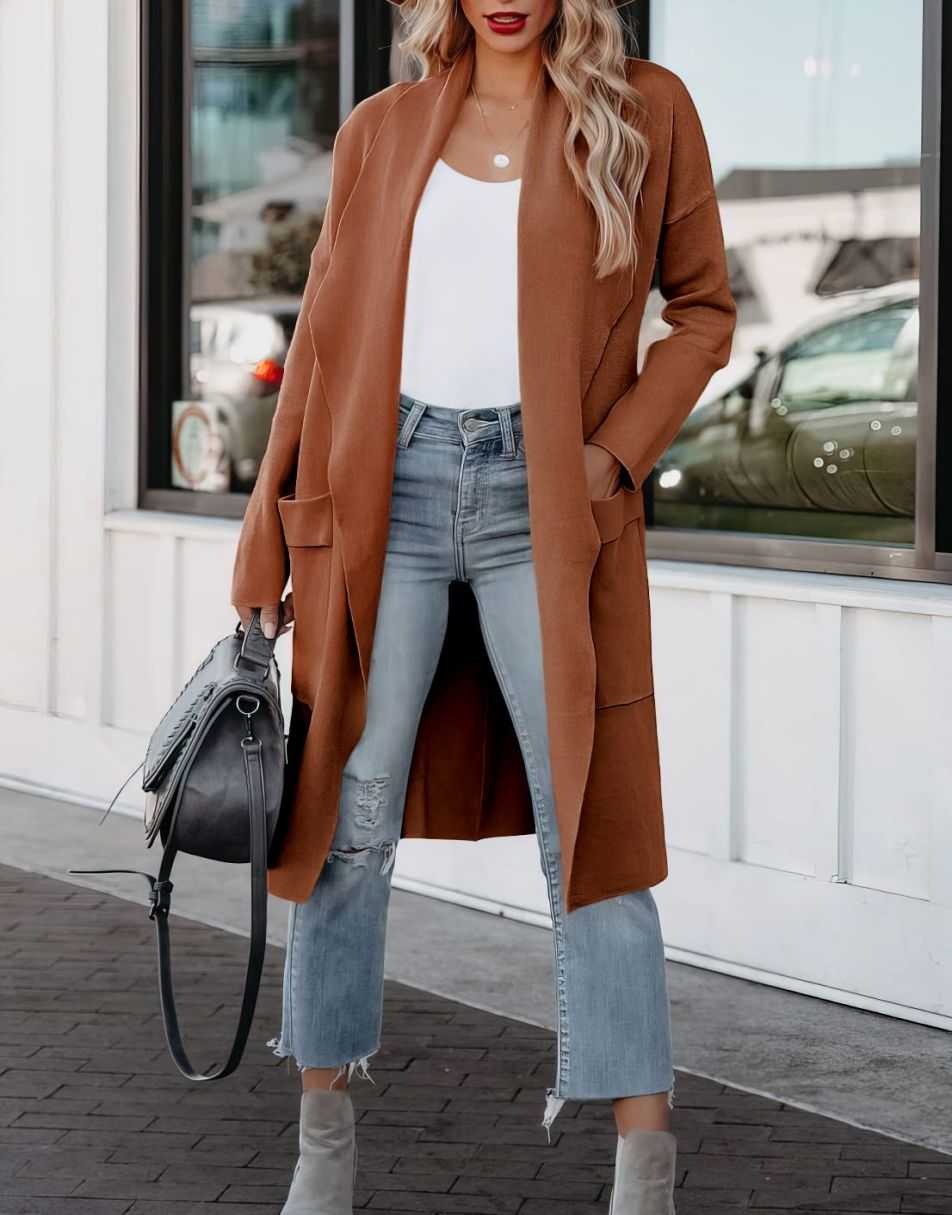 ANRABESS Damen Freizeit Langarm Drapierter Offener Strick Cardigan Jacken Pullover mit Taschen