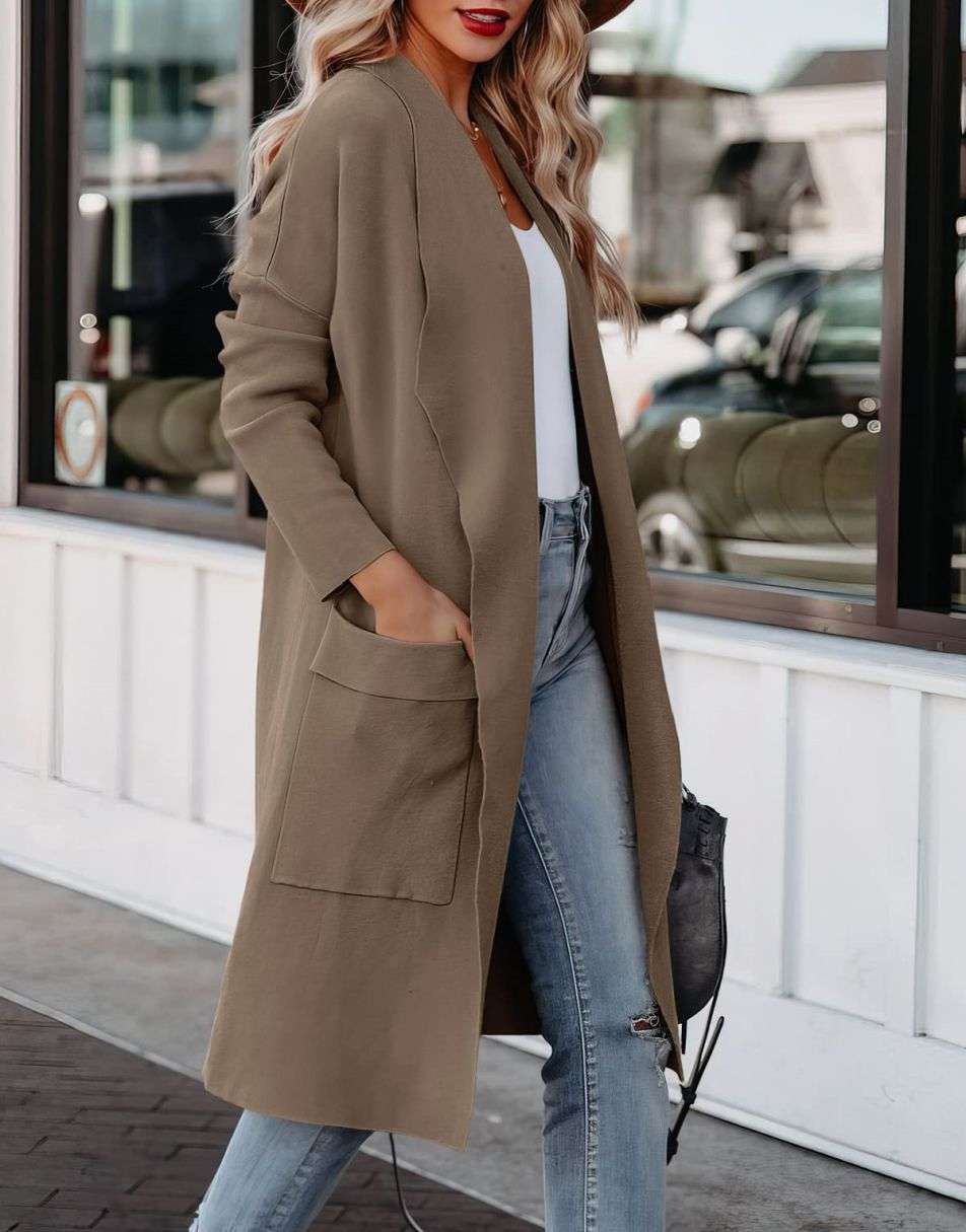 ANRABESS Damen Freizeit Langarm Drapierter Offener Strick Cardigan Jacken Pullover mit Taschen