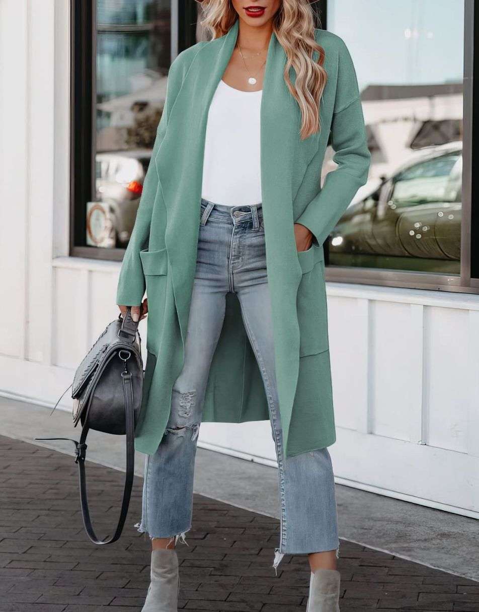 ANRABESS Damen Freizeit Langarm Drapierter Offener Strick Cardigan Jacken Pullover mit Taschen