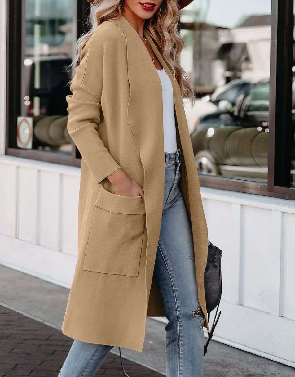 ANRABESS Damen Freizeit Langarm Drapierter Offener Strick Cardigan Jacken Pullover mit Taschen