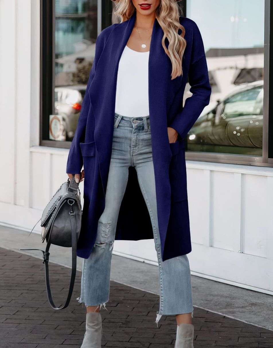 ANRABESS Damen Freizeit Langarm Drapierter Offener Strick Cardigan Jacken Pullover mit Taschen