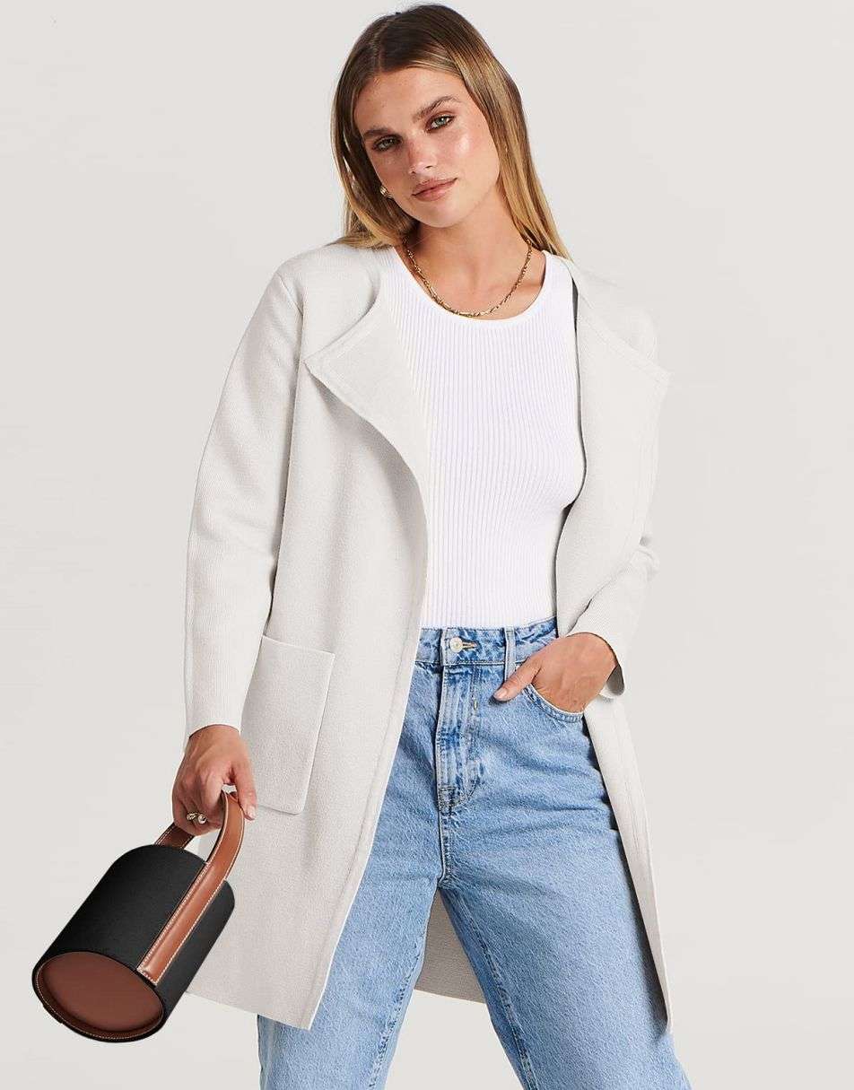 ANRABESS Women's Open Front Knit Cardigan Long Sleeve Lapel Casual Solid Classy Sweater Jacket