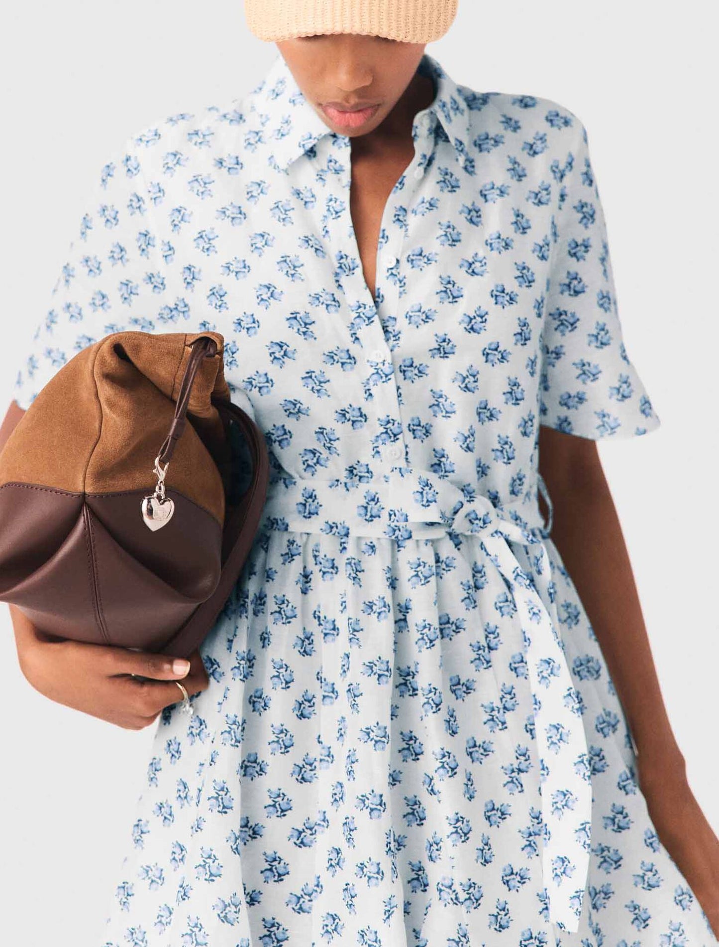 Short patterned linen-blend dress