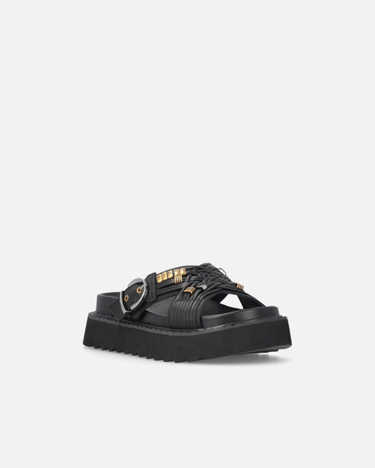Woven nappa leather slip-on sandals with metallic rings