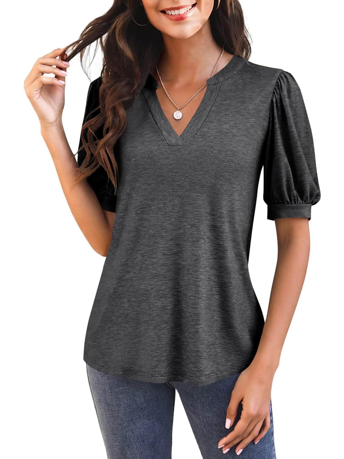 Damen V-Ausschnitt T-Shirt mit Puffärmeln (3 kaufen, gratis Versand)