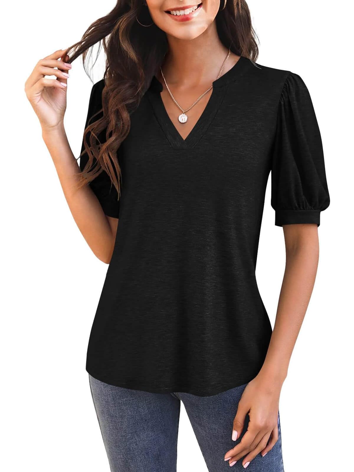 Damen V-Ausschnitt T-Shirt mit Puffärmeln (3 kaufen, gratis Versand)