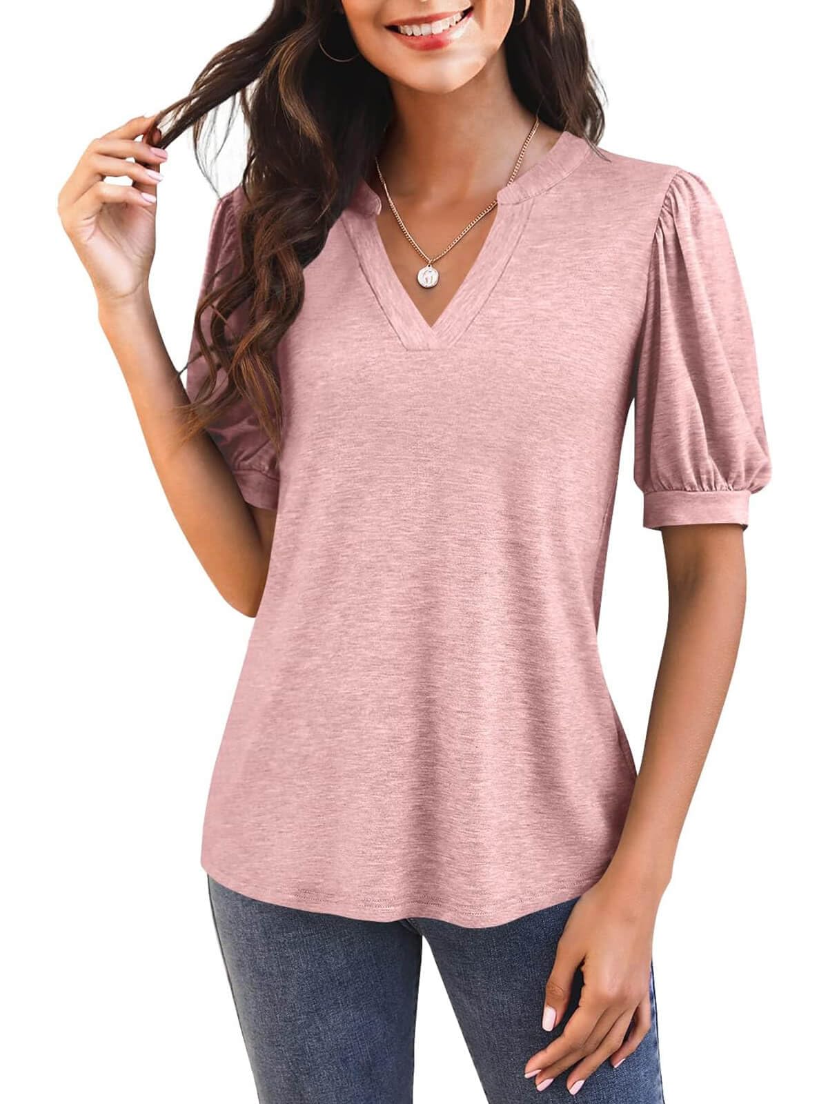 Damen V-Ausschnitt T-Shirt mit Puffärmeln (3 kaufen, gratis Versand)