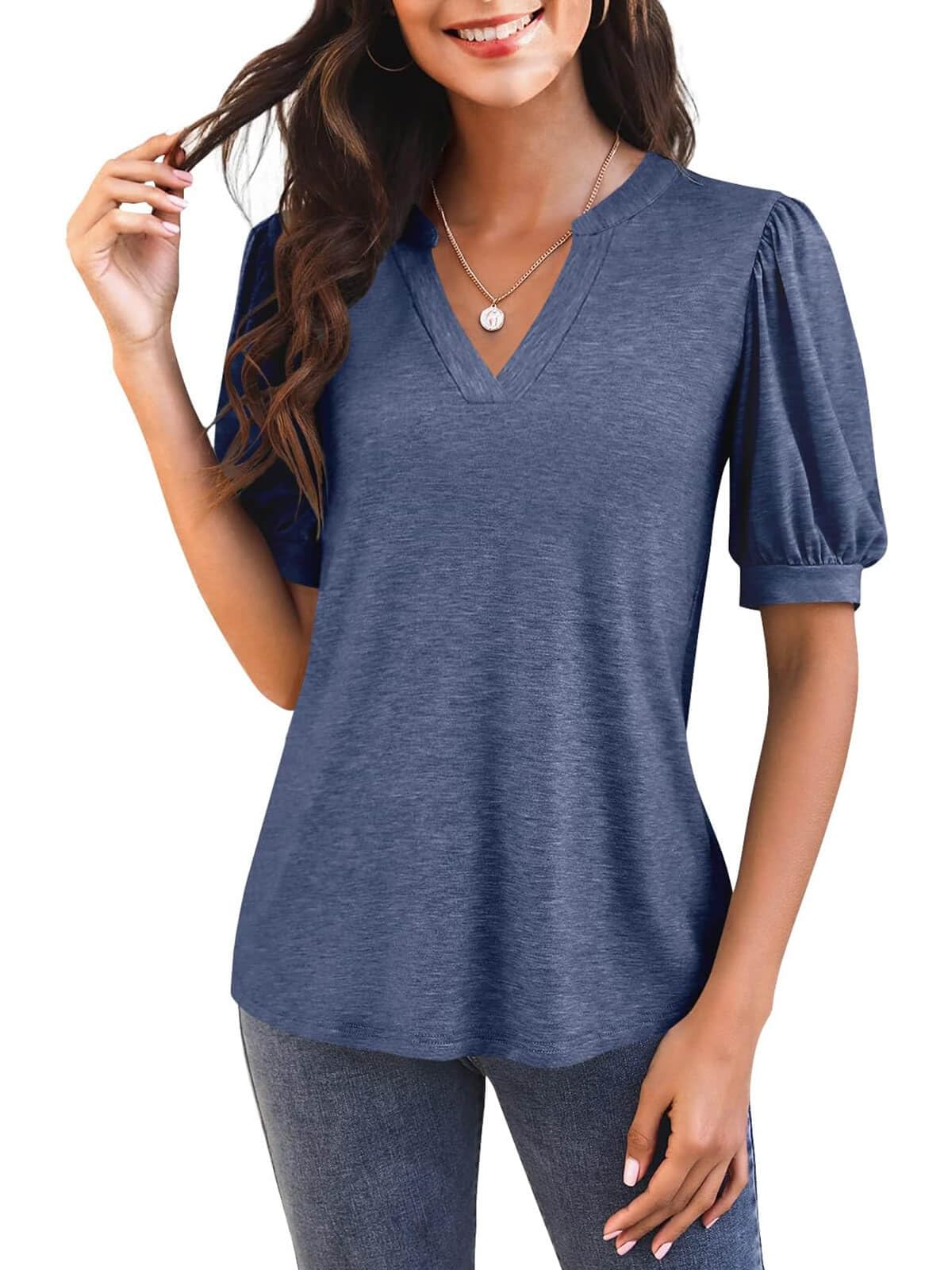 Damen V-Ausschnitt T-Shirt mit Puffärmeln (3 kaufen, gratis Versand)