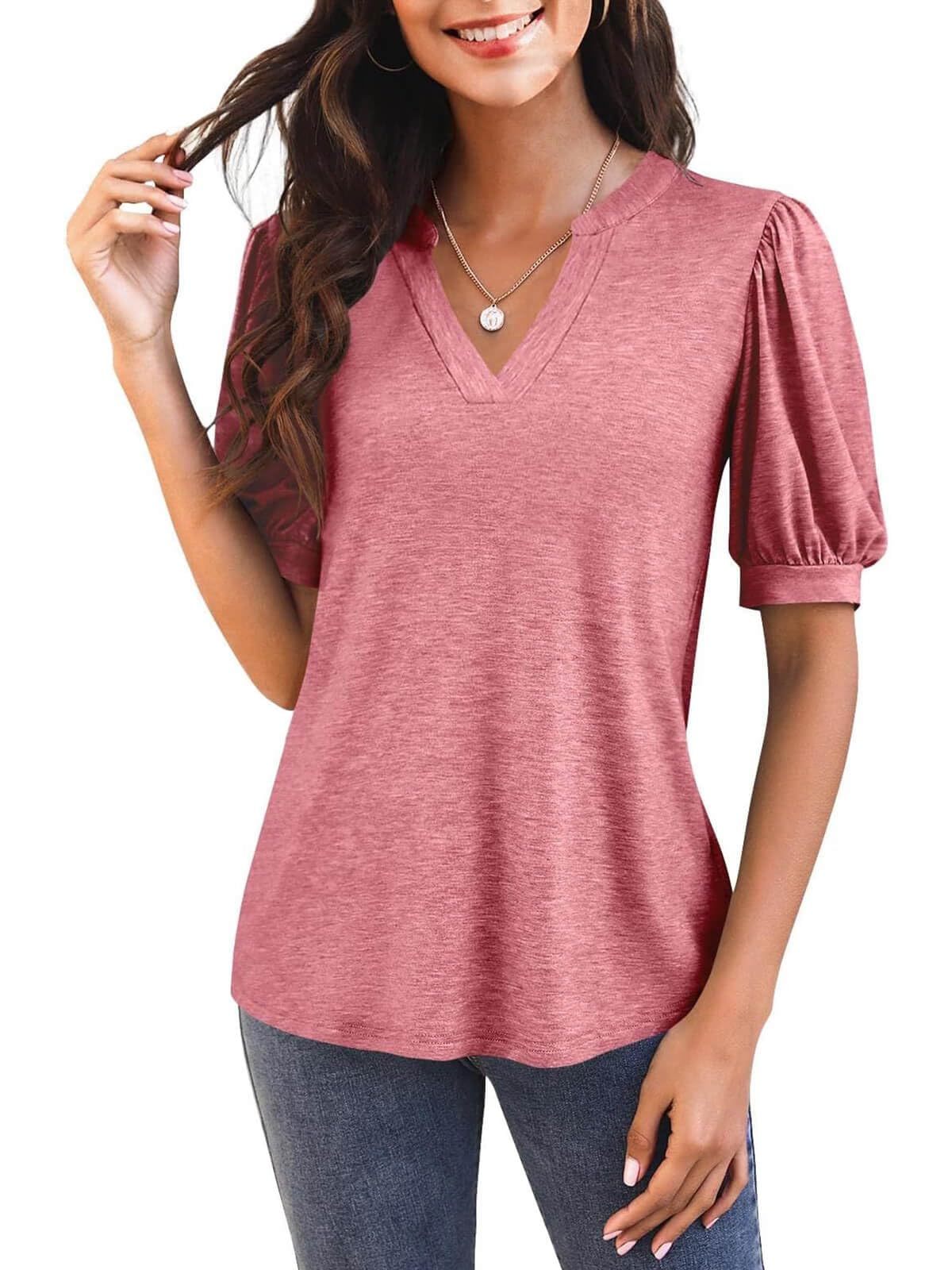 Damen V-Ausschnitt T-Shirt mit Puffärmeln (3 kaufen, gratis Versand)