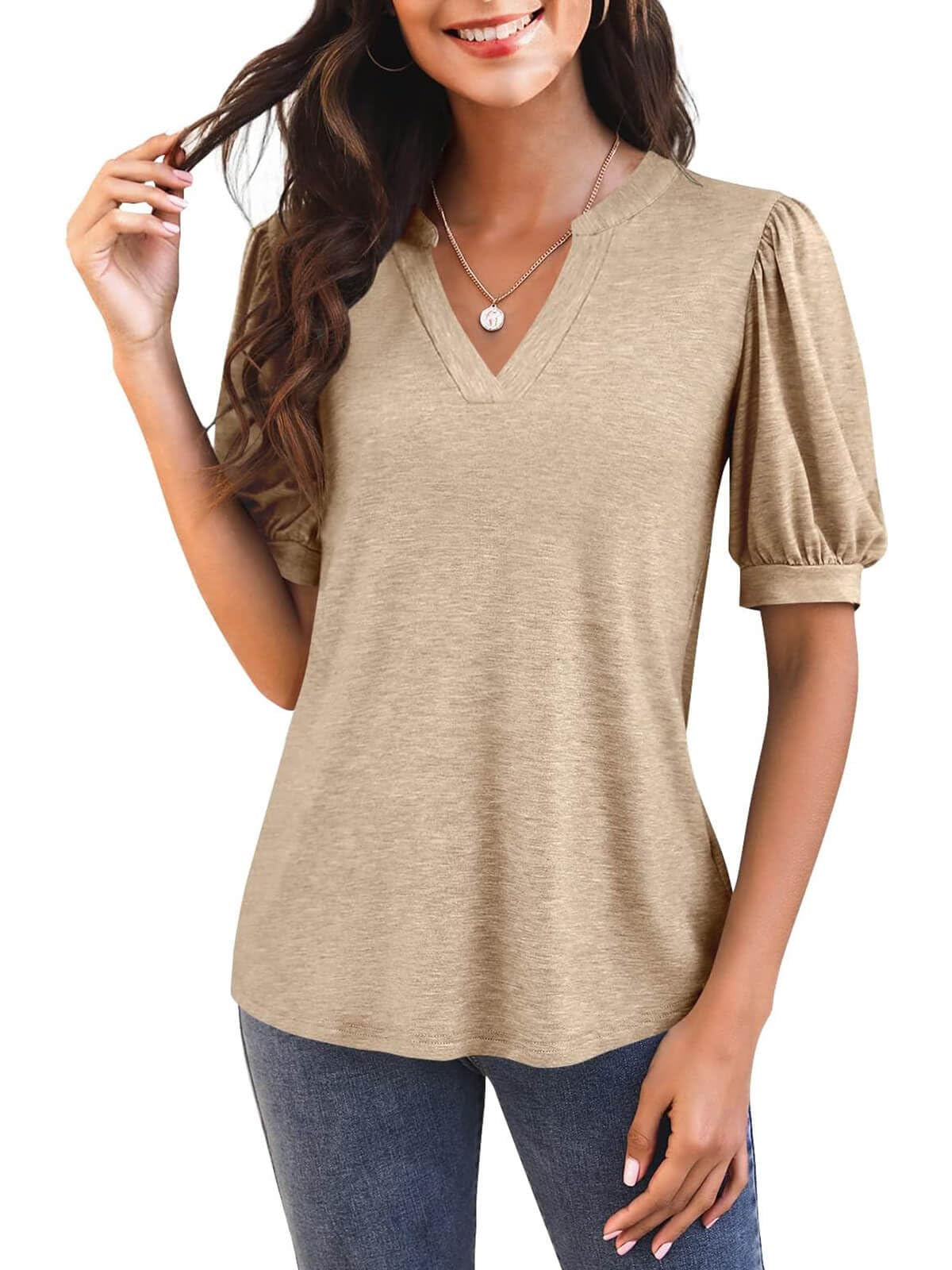 Damen V-Ausschnitt T-Shirt mit Puffärmeln (3 kaufen, gratis Versand)