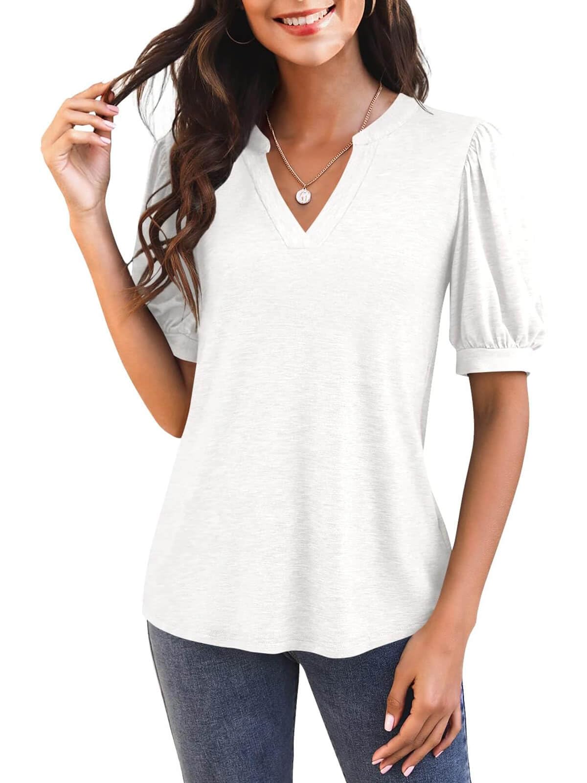 Damen V-Ausschnitt T-Shirt mit Puffärmeln (3 kaufen, gratis Versand)