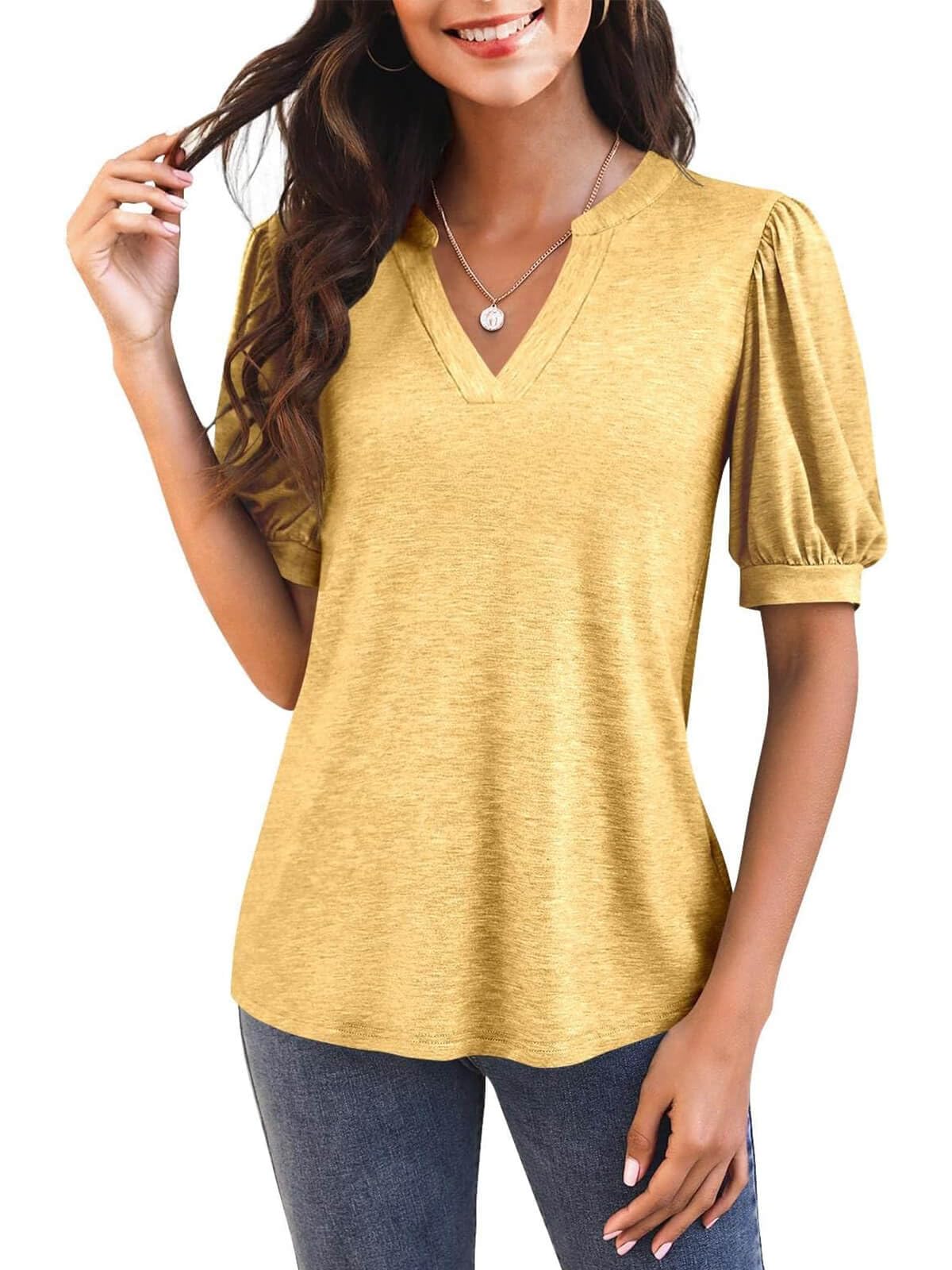Damen V-Ausschnitt T-Shirt mit Puffärmeln (3 kaufen, gratis Versand)