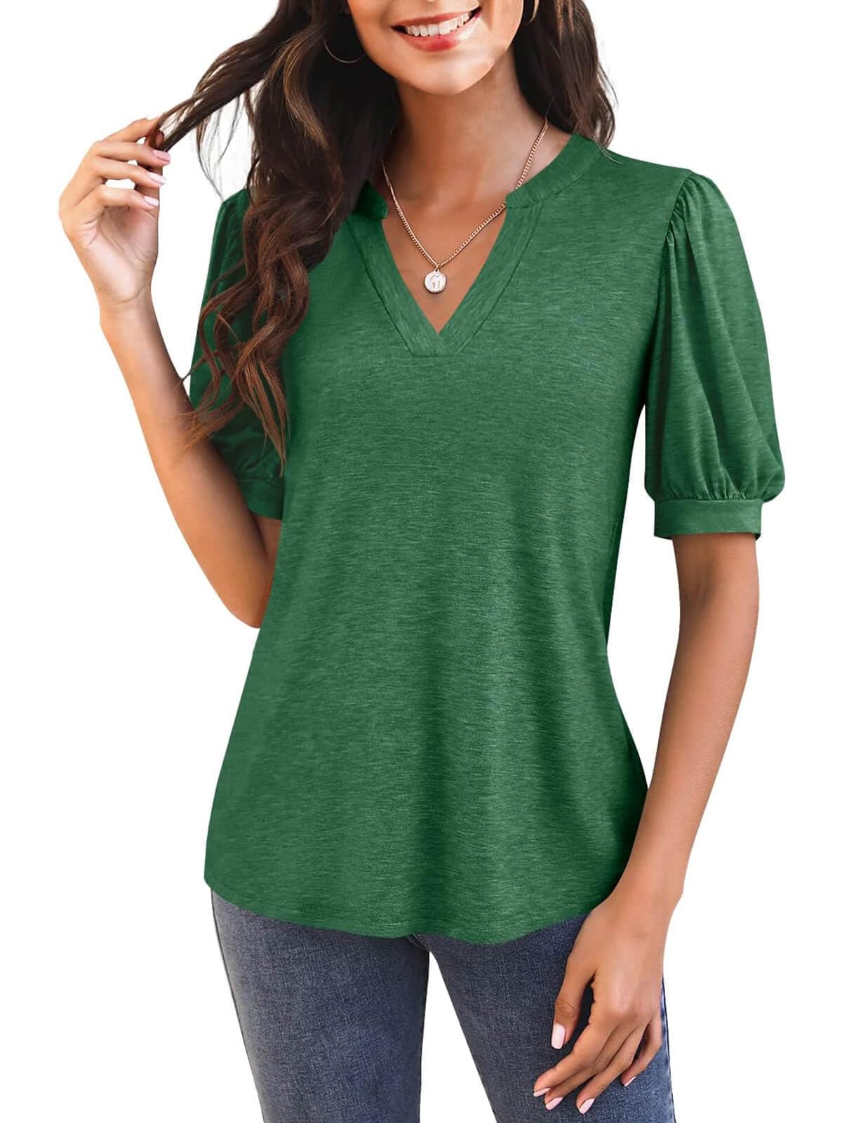 Damen V-Ausschnitt T-Shirt mit Puffärmeln (3 kaufen, gratis Versand)