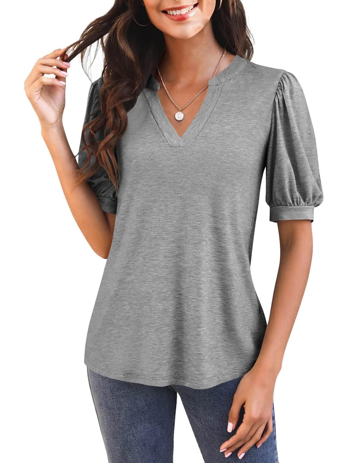 Damen V-Ausschnitt T-Shirt mit Puffärmeln (3 kaufen, gratis Versand)