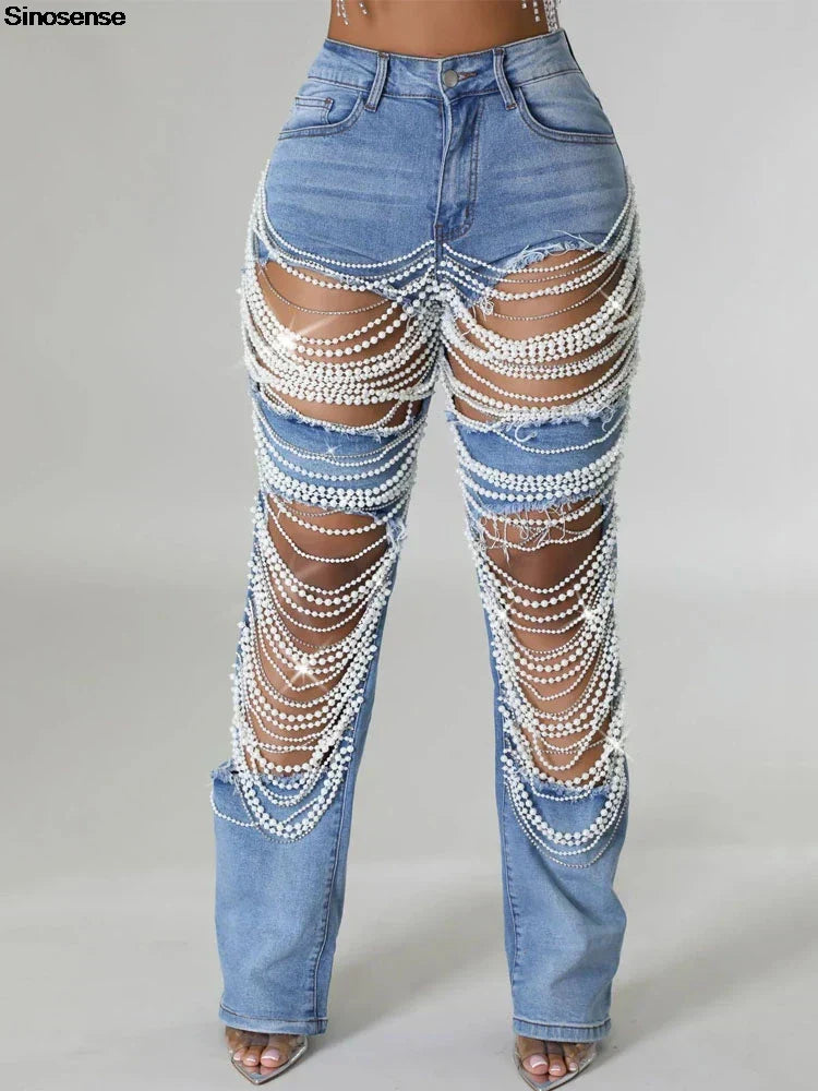 Damen Destroyed Ripped Loch Jeans Hose Perlen Strass Kette Distressed Slim Fit Skinny Jeans Y2K Nachtclub Party Jeans