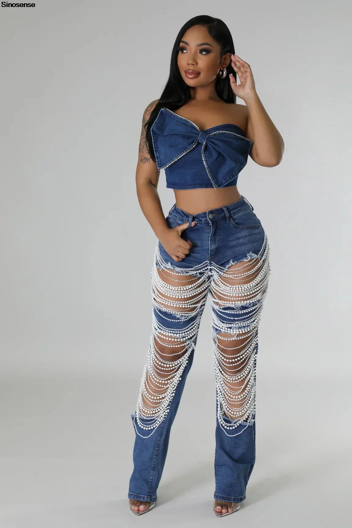 Damen Destroyed Ripped Loch Jeans Hose Perlen Strass Kette Distressed Slim Fit Skinny Jeans Y2K Nachtclub Party Jeans