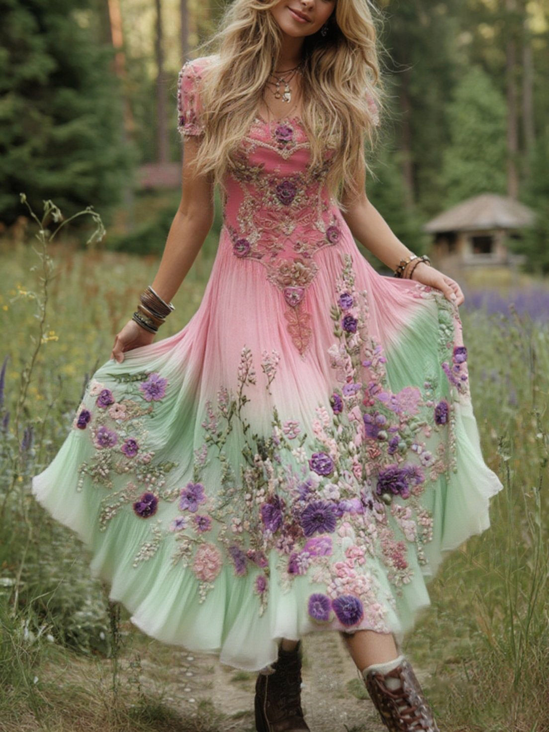 Elegantes Gradienten-Maxikleid aus Leinen in Lila-Lavendel mit Blumenstickerei